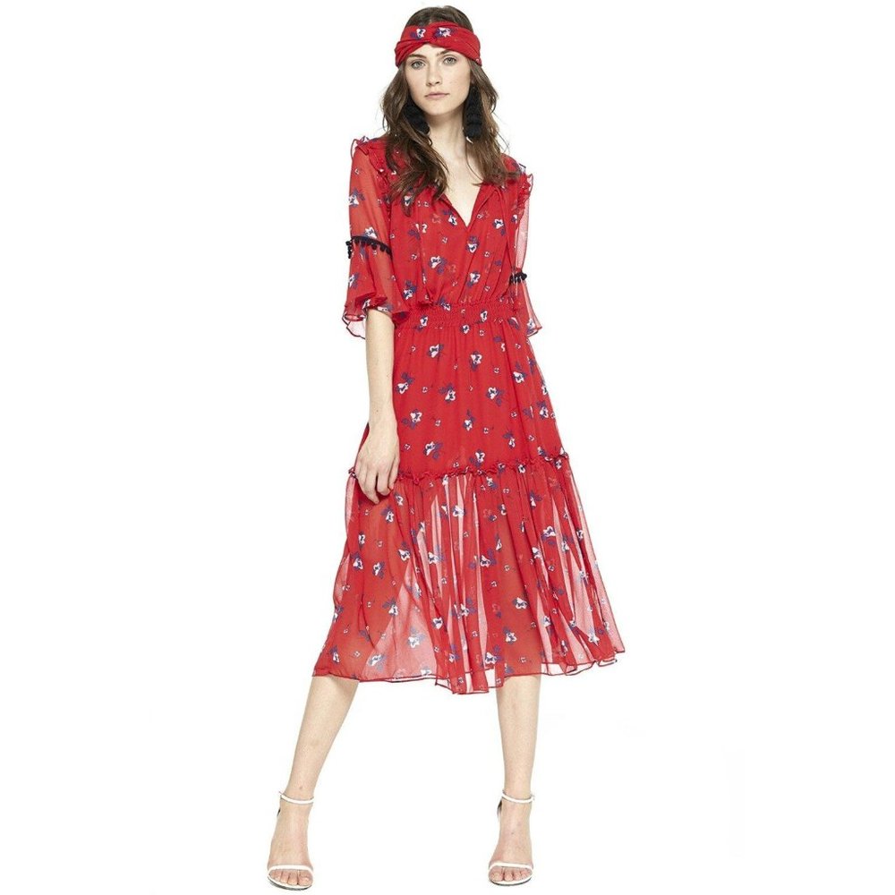 Misa Los Angeles Red Floral Midi Dress with Headband